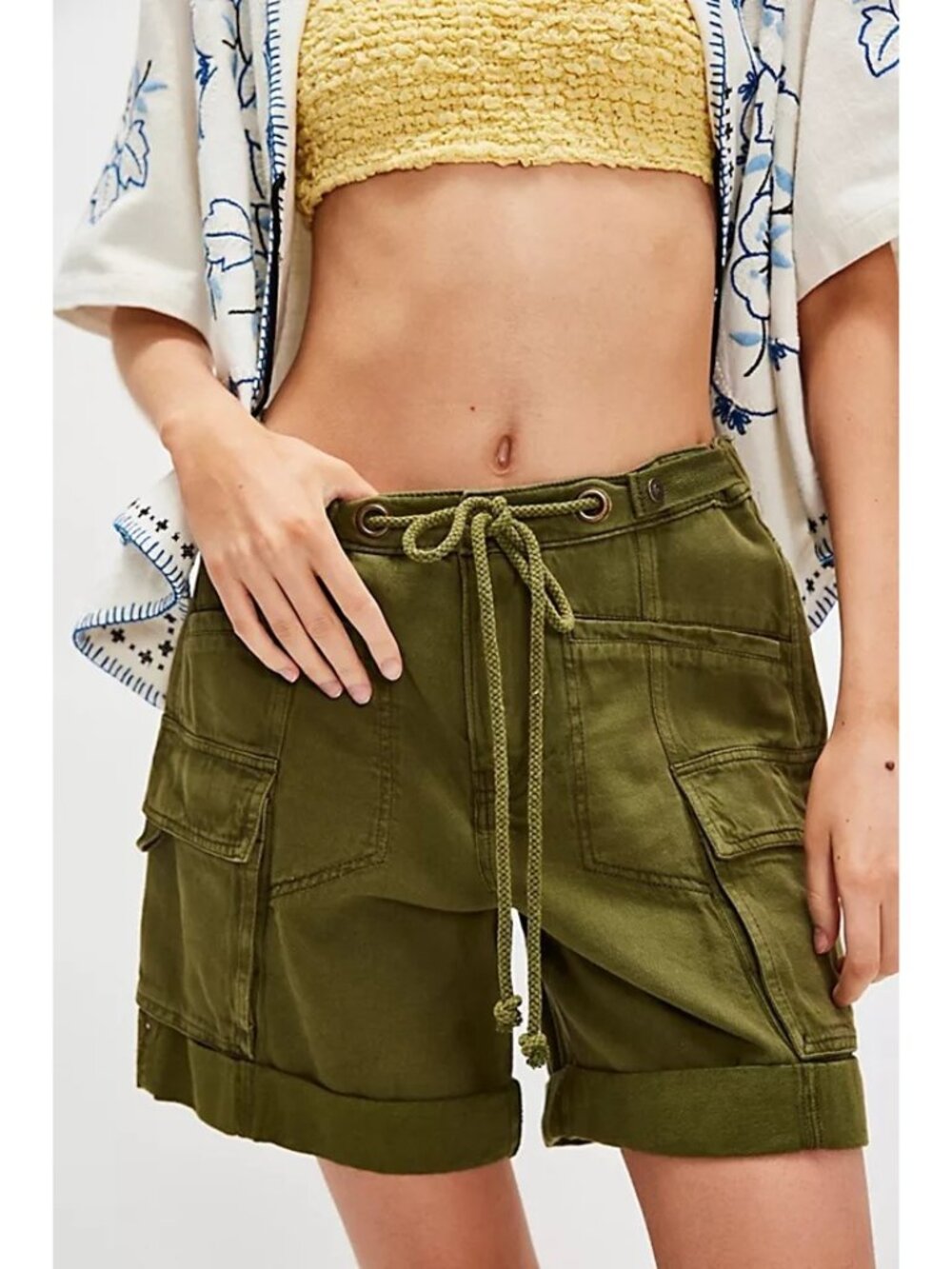 Free People Frankie Washed Shorts Cargo 90s Boho Utility Army Green Womens XS